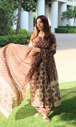 Cotton Brown Floral Print Kurta with Afghani Style Pants and Printed Dupatta-XXS