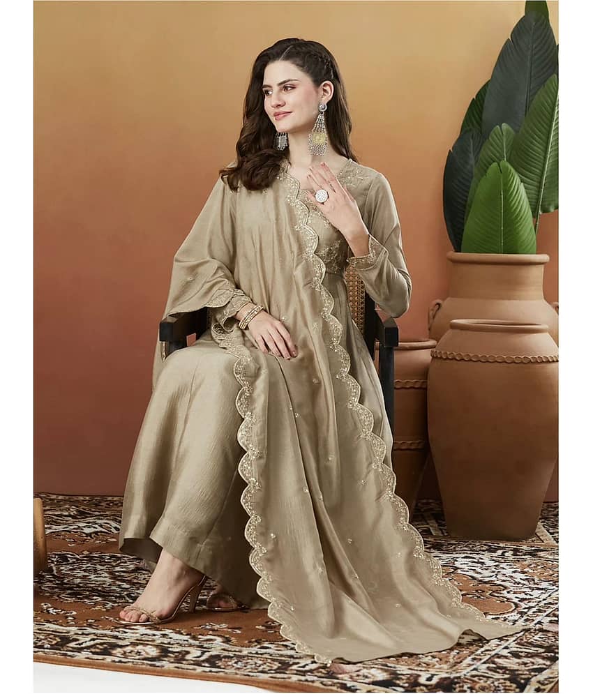 Mahek Fashion Women Silk Blend Embroidered Anarkali Kurti With Pants ( Khaki )