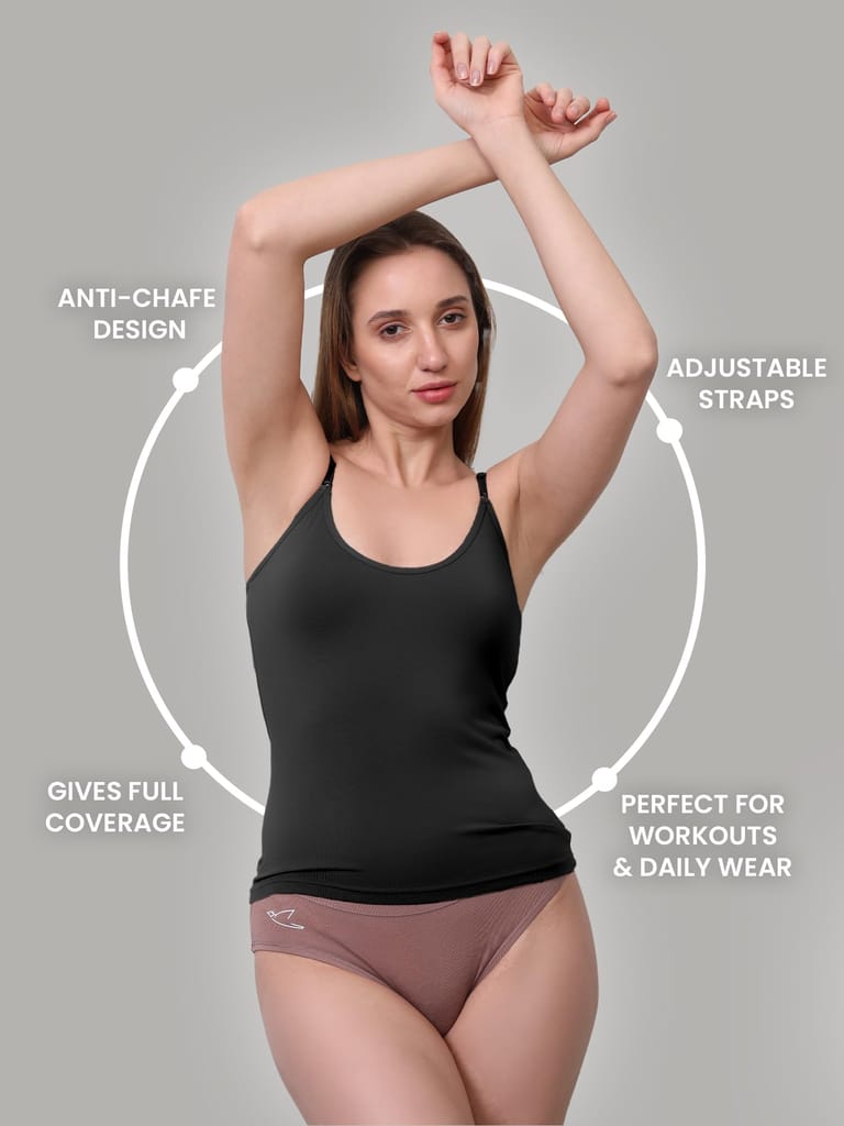 Freecultr Seamless Micromodal Camisole for Women with Adjustable Spaghetti Straps | Lightweight Layering Tank Top Casual Outfits & Sleepwear | Soft Breathable Stretch Fabric-Black