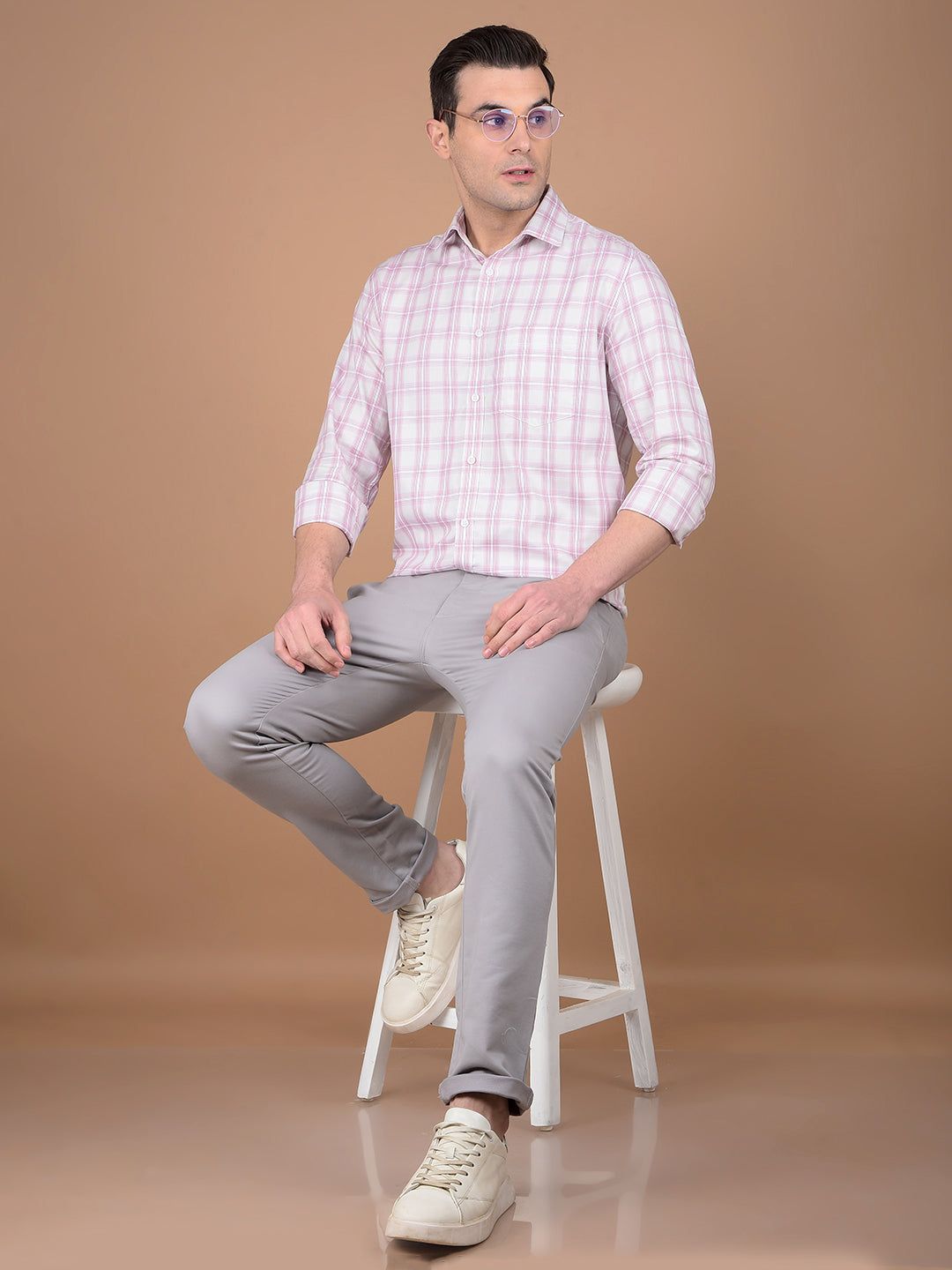 Pink Checked 100% Cotton Shirt-S / Pink