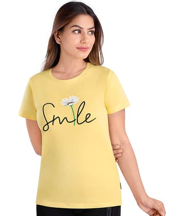 Dermawear Women Cotton Printed Regular Fit U-Neck T-Shirt ( Yellow )