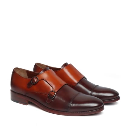 Dual Tone Brown-Tan Leather Double Monk Leather Sole Shoes By Brune & Bareskin-40/6