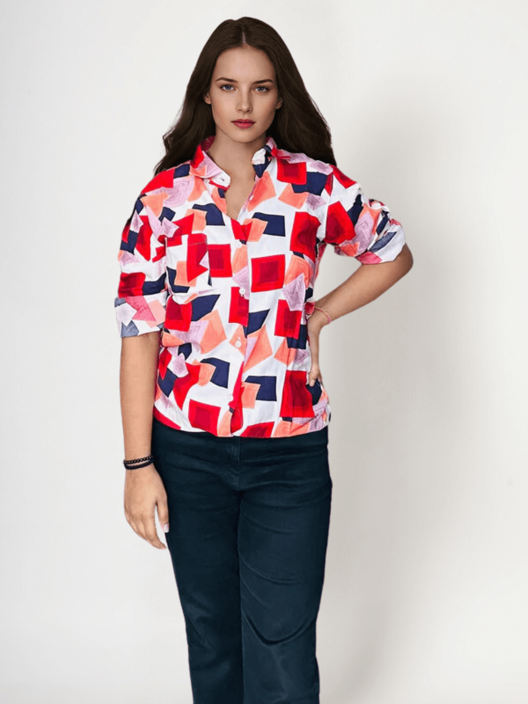 Women'S Premium Rayon Shirt With Red And Blue Print-S