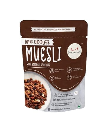 INDULGENCE Dark Chocolate Millet Muesli | Healthy Breakfast Cereal with Almonds & Raisins | High Protein & Fiber Snack | Crunchy Dark Chocolate Granola | Pack of 2.