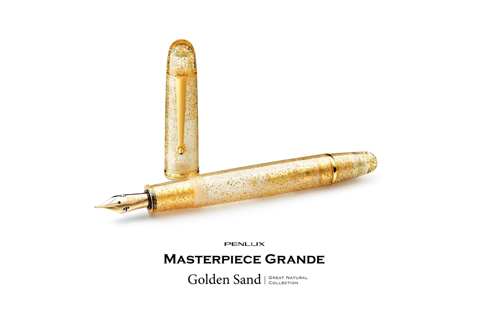 Penlux Masterpiece Grande Great Natural Fountain Ink Pen | Golden Sand (Clear) Body Gold Trims | Piston Filling | No. 6 Jowo Nibs-Medium