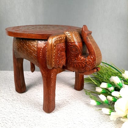 Side Table Cum Stool - Elephant Design | Wooden Stools for Keeping Lamp, Vases & Plants - for Home Decor, Corners, Sofa Side Stool, Office & Gifts - 12 Inch