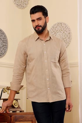 Tan Pure Linen Shirt (Size - S) by BLUE EAGLE