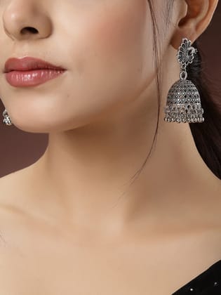 NVR Women Silver-Toned Peacock Design German Silver Oxidised Dome Shaped Jhumka Earrings-Onesize / Silver / German Silver