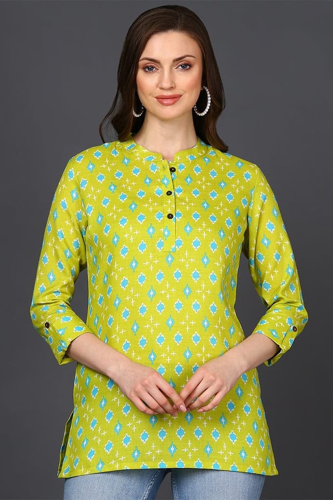 Top Women Lime Green Cotton Blend Geometric Print Straight Tunic VT1226 2026 at ShopCircuit | ON