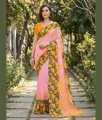 Kashvi Sarees Georgette Printed Kasavu Saree With Unstitched Blouse Piece ( PINK )