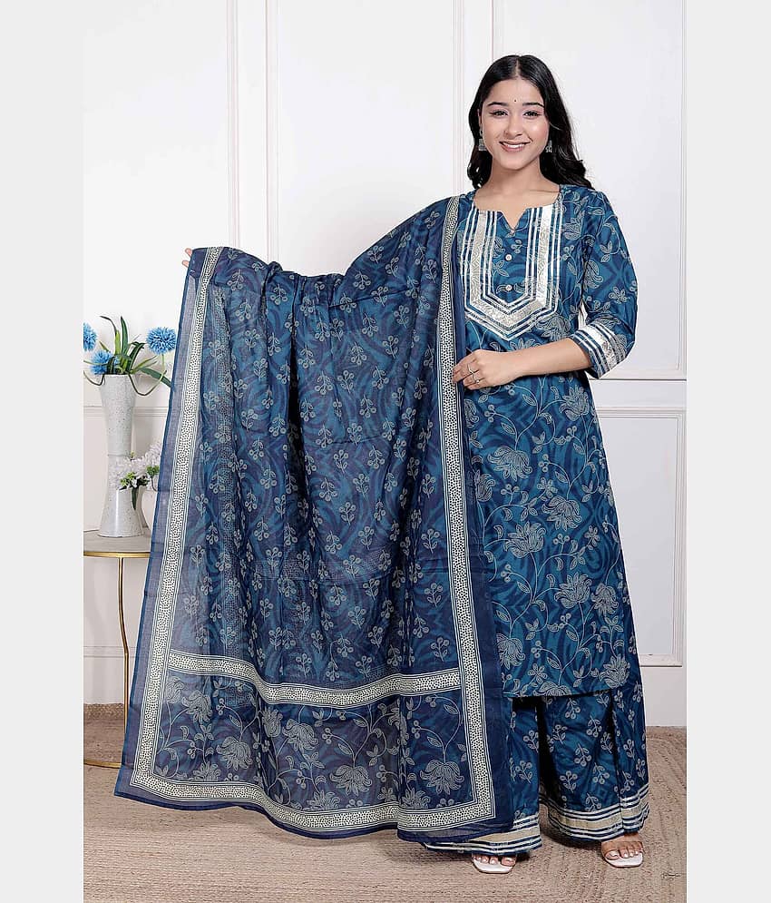 miravan Women Cotton Printed Straight Kurti With Palazzo ( Blue )