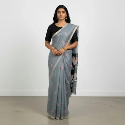 Kota Doria Cotton-Silk Saree with Block-Printed Birds and Zari Border
