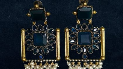 Bilasita Jaipuri Collection Square Drop Earrings (Blue & Gold) | Intricate Stone Embellishment | Ethnic Party