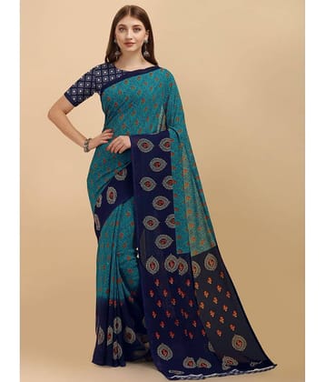 LEELAVATI Georgette Printed Saree With Unstitched Blouse Piece ( Navy Blue )