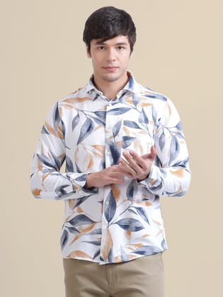Men'S Premium Rayon Shirt With Blue And Orange Leaf Print-S-38