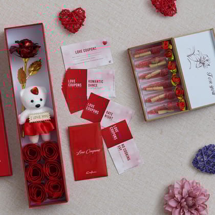 Valentine Combo of Pack of 12 Love Coupons Gift Cards Set, Red Gift Box with Teddy & Roses, Red Message Bottle Wooden Box Set