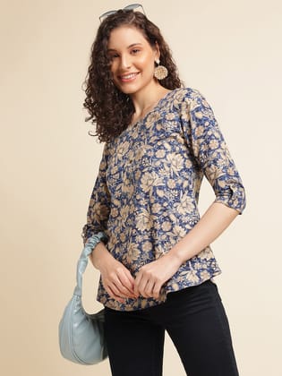 Blue Floral Printed Cotton Blend Top-XS