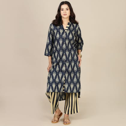 Blue paisley cotton set with striped pants-XS