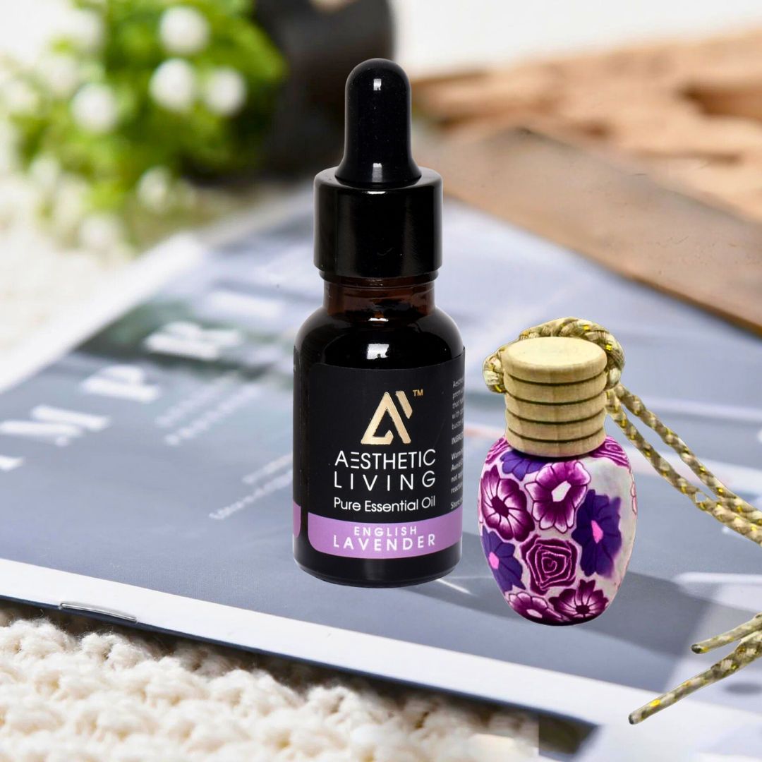 Aesthetic Living Floral Car Aromatizer/ Diffuser Bottle with Essential Oil (Multi Shape Floral-10 ml+ English Lavender Essential Oil, 15 ml)