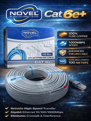 NOVEL Cat 6e+ UTP Networking Cable - 100 Meters, 1000Mbps, 100% Pure Copper, Grey