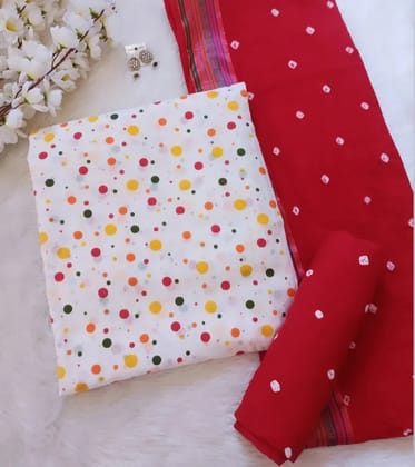 Soft Cotton Polkadot Bandhani Material (Unstitched)-Red