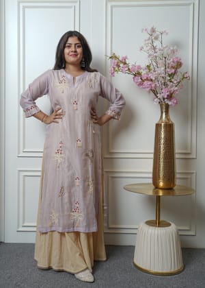 Chanderi silk fabric kurta with embroidery and floor length inner-L