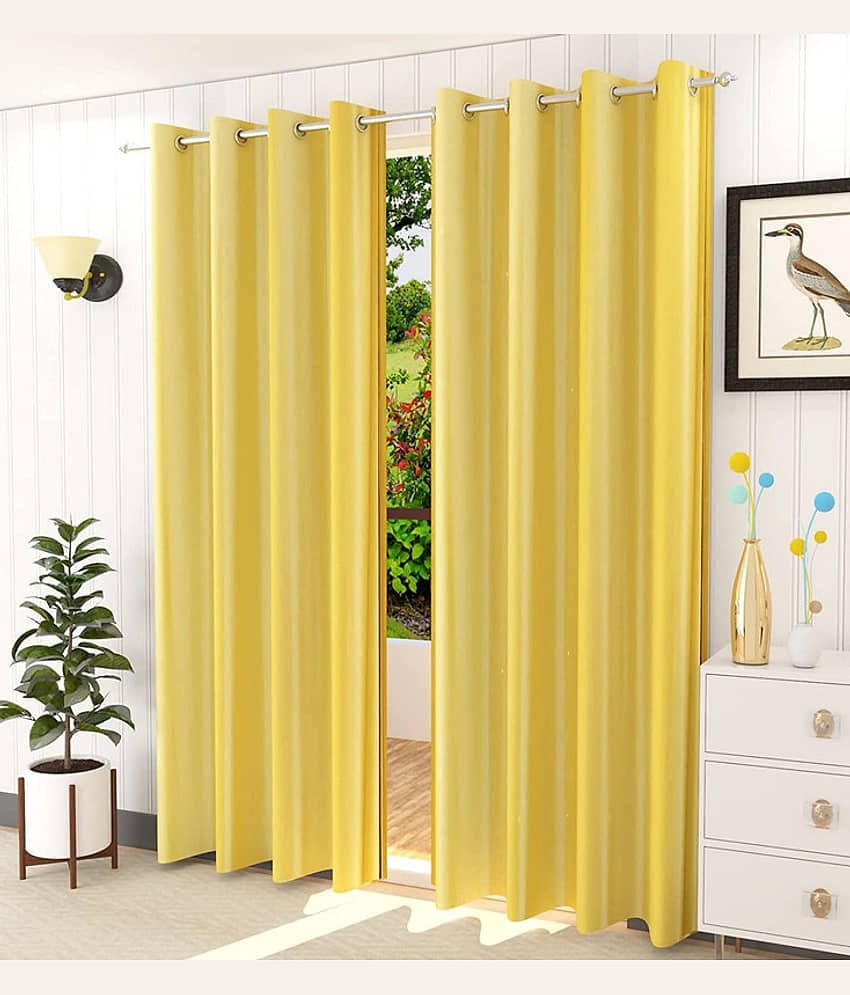Kraftiq Homes Solid Semi-Transparent Eyelet Curtain 5 ft ( Pack of 2 ) - Yellow