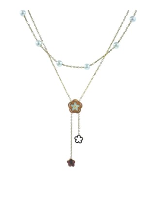 Anvaya Collectitons, Anti Tarnish, Elegant Gold-Toned Layered Necklace with Pearl Beads, Floral Pendant, Double Chain Design, Fashion Jewelry for Women