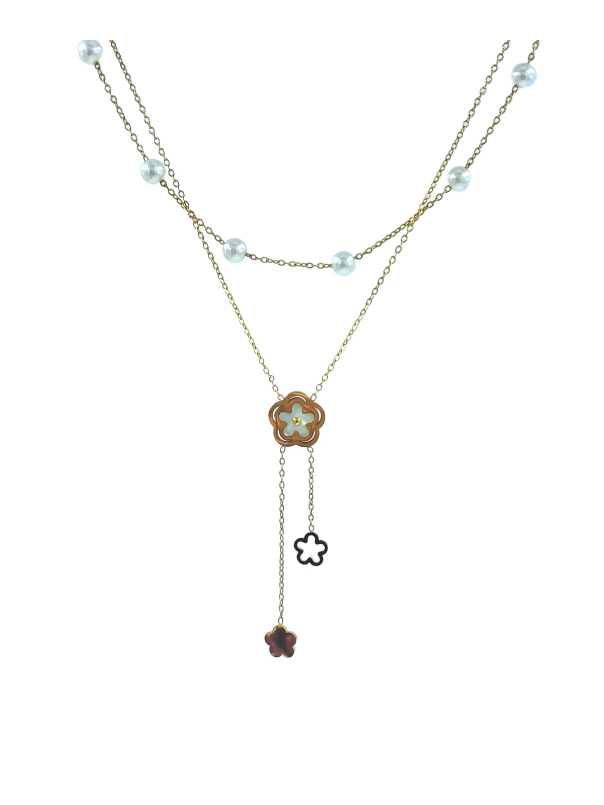 Anvaya Collectitons, Anti Tarnish, Elegant Gold-Toned Layered Necklace with Pearl Beads, Floral Pendant, Double Chain Design, Fashion Jewelry for Women