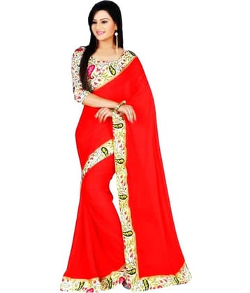 AV FASHION Chiffon Saree With Unstitched Blouse Piece ( Red )