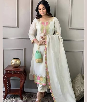 kedar fab Women Cotton Blend Embroidered Straight Kurti With Pants ( White )