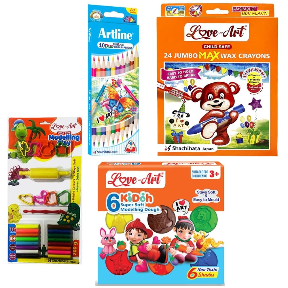 Love-Art Combo Pack of Jumbo Wax Crayon Pack of 24 + Duo Colour Pencils Pack of 10 + Modelling Clay 200GMS* + Modelling Dough Pack of 6