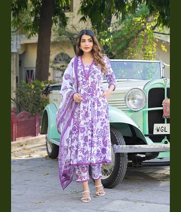 Divena Cotton Printed Kurti With Pants Women's Stitched Salwar Suit - Purple ( Pack of 1 )