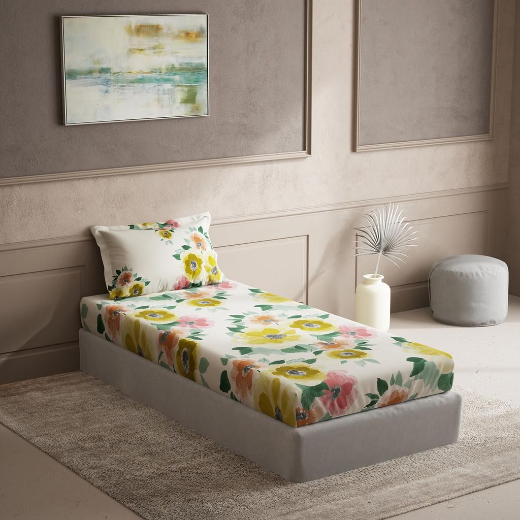 DDECOR - Cherish Collection 100% Cotton Floral Pattern 150TC Single Bedsheet|152 CM X 224 CM| - Yellow
