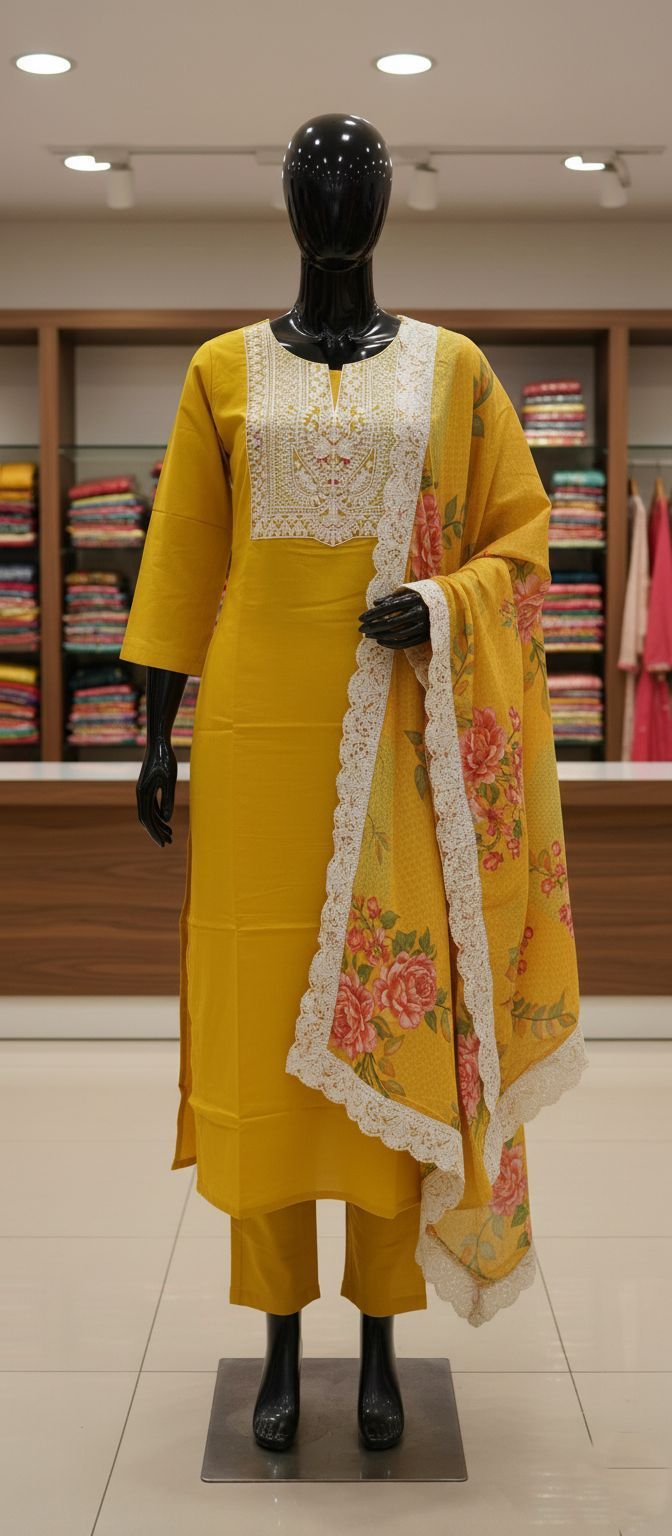 Elegant Mustard Yellow Muslin Silk Suit Set with Floral Dupatta