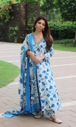 Cotton A-line White & Blue Leafy Suit Set with Cotton Printed Dupatta-XXS