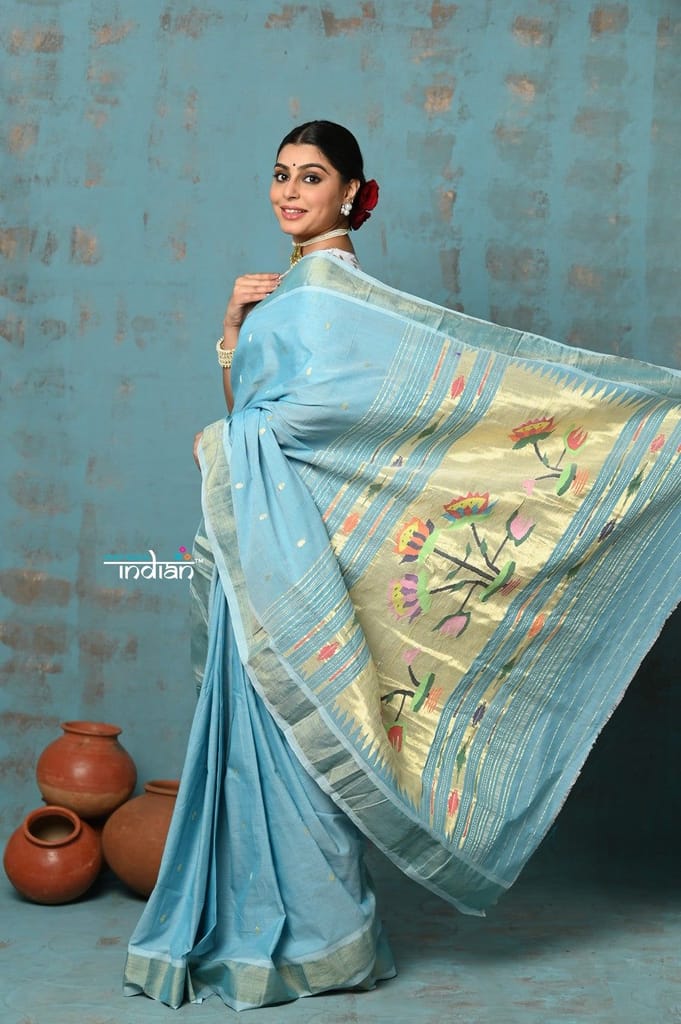 Tyohaar ~ Handloom Pure Cotton Paithani With Lotus Pallu ~ Sky Blue - Sarees | Buy online on ZillyBuy