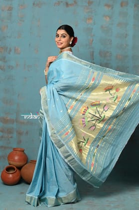 Tyohaar ~ Handloom Pure Cotton Paithani With Lotus Pallu ~ Sky Blue