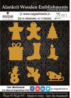 Brand Zero MDF Christmas Ornament Design 2 - Combo of 9 Pcs - 3 Inches Height & 2.5mm Thickness