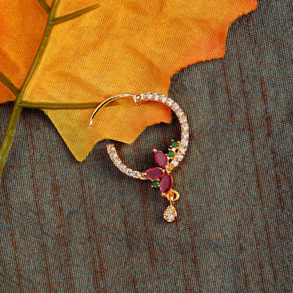 CZ Triple Tone Nose Pin-Red-Green-White / Gold Plated