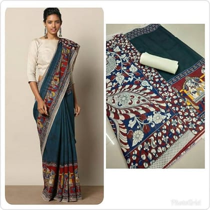 KALAMKARI FIROZI COLOR LINEN DIGITAL PRINTED SAREE   1522