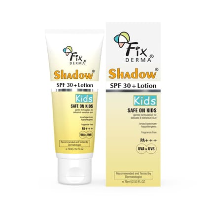 Fixderma Shadow Sunscreen SPF 30+ Lotion for Kids PA+++ | Sensitive Skin, Body & Face | Broad Spectrum Sunscreen for UVA & UVB Protection,Non Greasy & Water Resistant - 75gm Fixderma Shadow Sunscreen SPF 30+ Lotion for Kids PA+++ | Sensitive Skin, Body &
