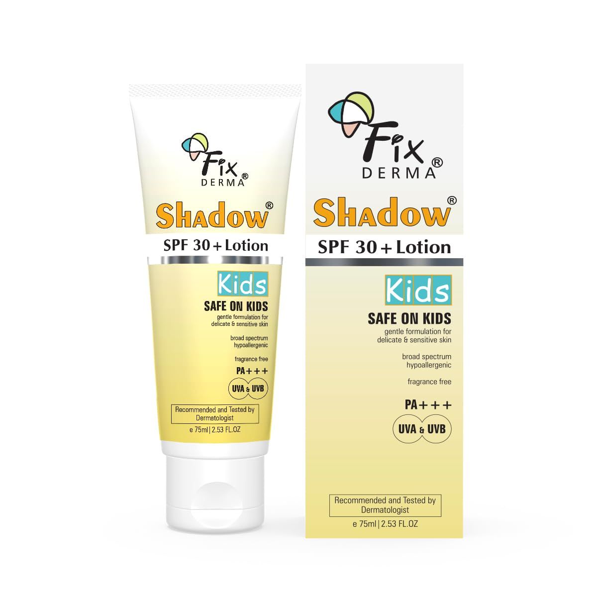 Fixderma Shadow Sunscreen SPF 30+ Lotion for Kids PA+++ | Sensitive Skin, Body & Face | Broad Spectrum Sunscreen for UVA & UVB Protection,Non Greasy & Water Resistant - 75gm Fixderma Shadow Sunscreen SPF 30+ Lotion for Kids PA+++ | Sensitive Skin, Body &