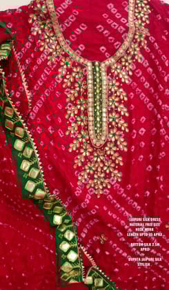 Bandhej Silk Jaipuri-Suit Material with Hand Gota Patti Work & Gotta-Border Dupatta-red