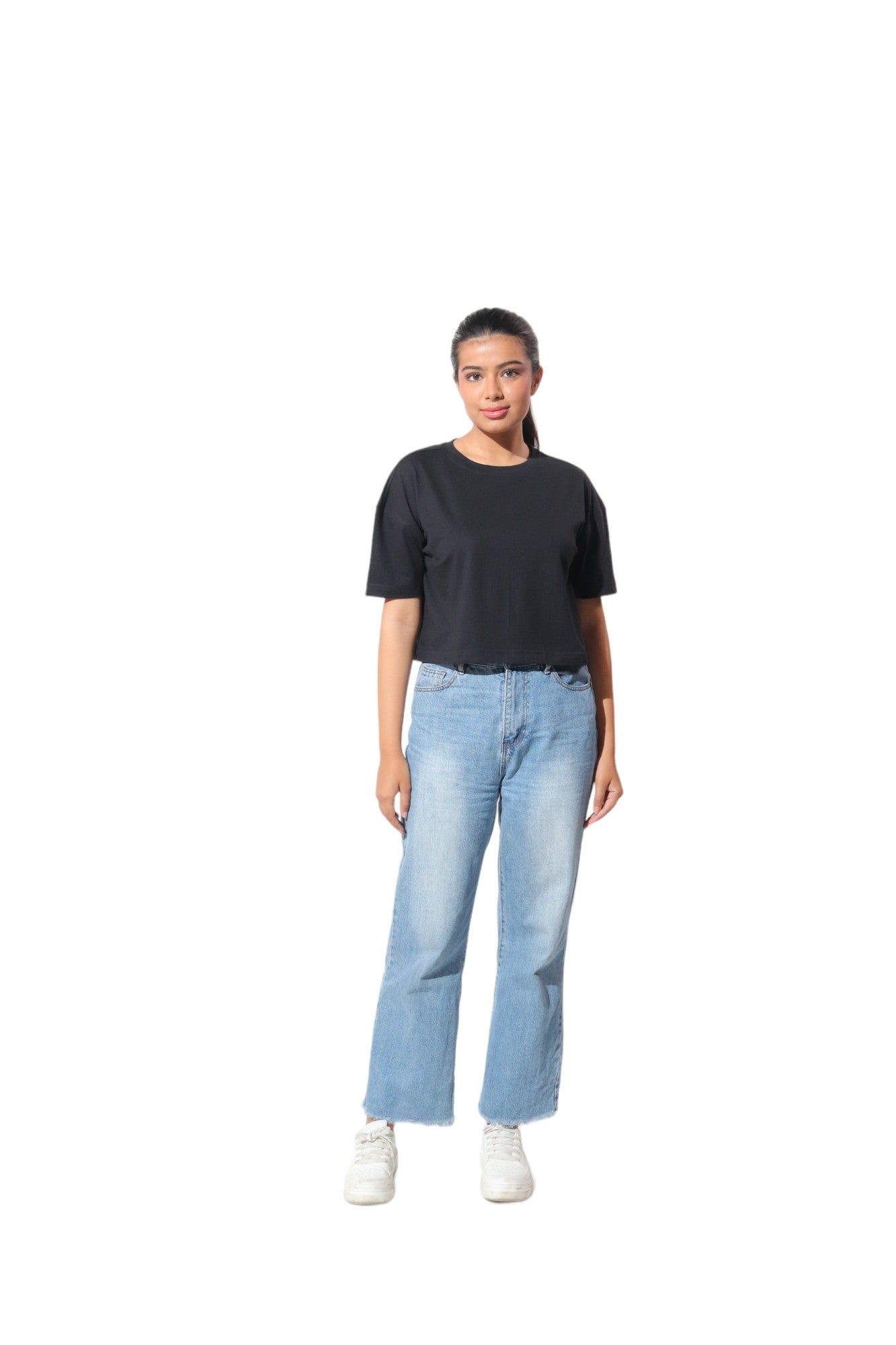 Kinnko Premium Cotton Womens Black Solid Crop T-Shirt Plain