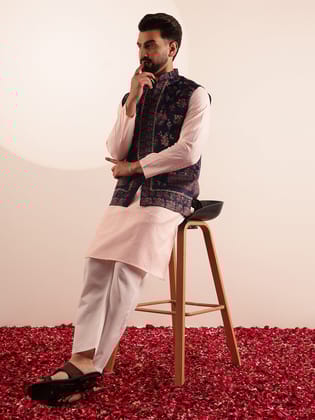 Men's Silk Blend Pink Kurta & White Pyjama With Velvet Paisley Design Navy Nehru Jacket-36