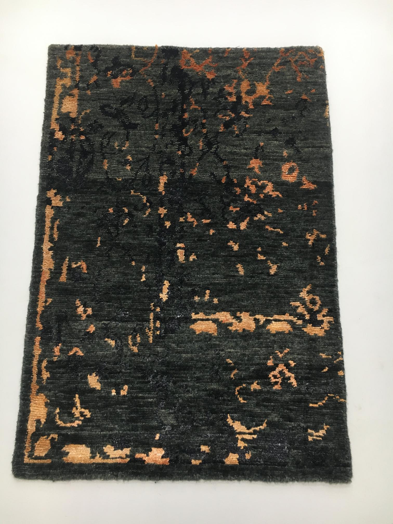 Hand-Knotted Wool & Bamboo Silk Rug 2x3 ft | Modern Geometric Design, Black & Orange