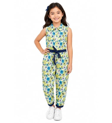 Girl's Cotton Floral Sleeveless Jumpsuit (Yellow, 7-8-Yrs)-PID66079