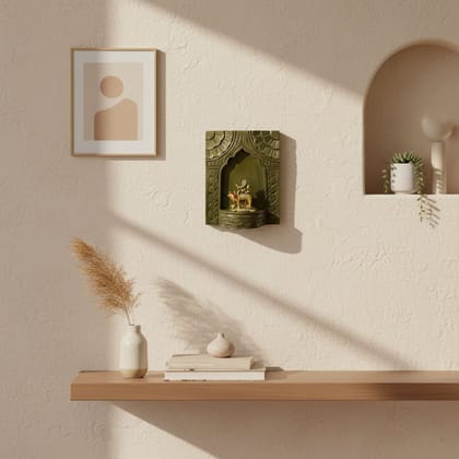 VMAntique Decor Handicraft Carved Pooja-Stand Jharokha, Wall Hanging God-Statue Stand,Wooden Wall-Jharokha in Multicolor-Background, Pooja-Room Decors Jharokha