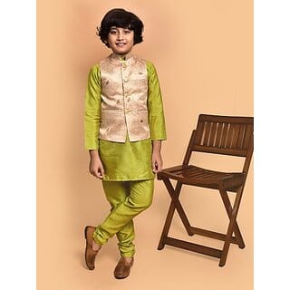 PrintCultr Boys Festive & Party Kurta, Waistcoat and Pyjama Set (Green)
